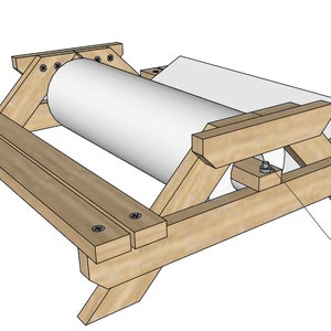 May include: A wooden table with a roll of paper on top. The table is made of unfinished wood and has a simple design. The paper roll is white and is being pulled off the table.