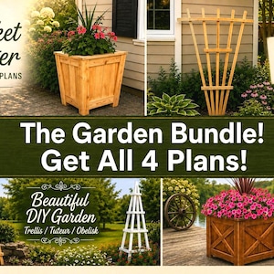 May include: A digital bundle of four garden build plans featuring a wooden picket planter, a fan trellis, a garden obelisk, and a farmhouse style picket planter. The image displays text including 3 Picket Planter, Easy DIY Fan Trellis, The Garden Bundle, Get All 4 Plans, Beautiful DIY Garden Trellis, and Farmhouse 3 Picket Planter.
