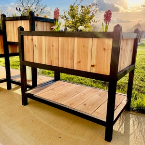 May include: Two black wooden planter boxes with a black metal frame and wooden shelves. The planter boxes are filled with dirt and plants. The planter boxes are on a wooden deck.