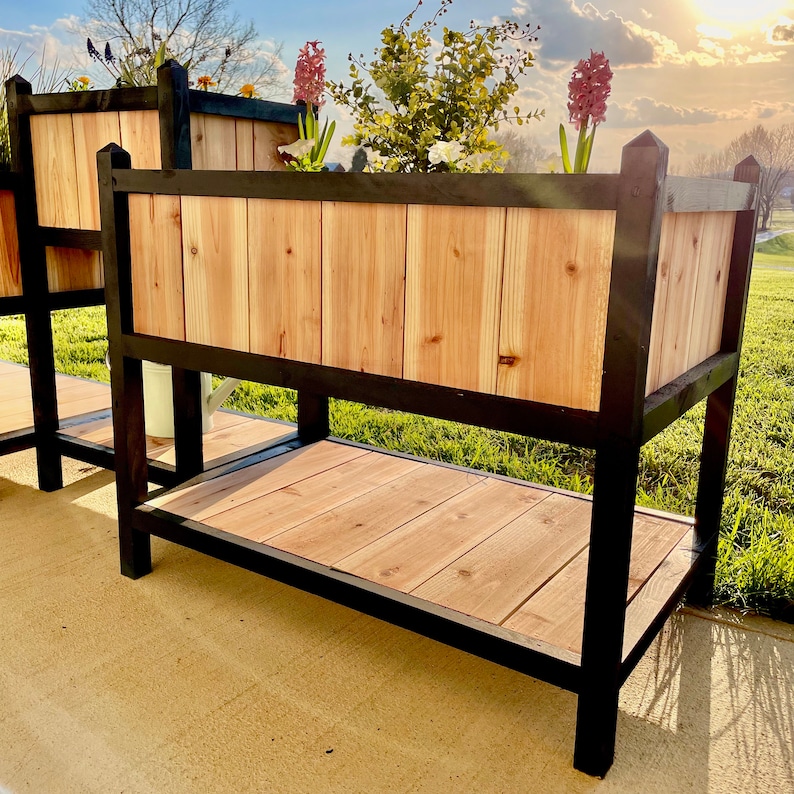 May include: Two black wooden planter boxes with a black metal frame and wooden shelves. The planter boxes are filled with dirt and plants. The planter boxes are on a wooden deck.