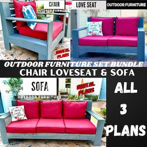 May include: A set of three outdoor furniture plans, including a chair, loveseat, and sofa. The plans are digital and include instructions for building each piece of furniture. The furniture is made of wood and has a gray stain. The cushions are red.