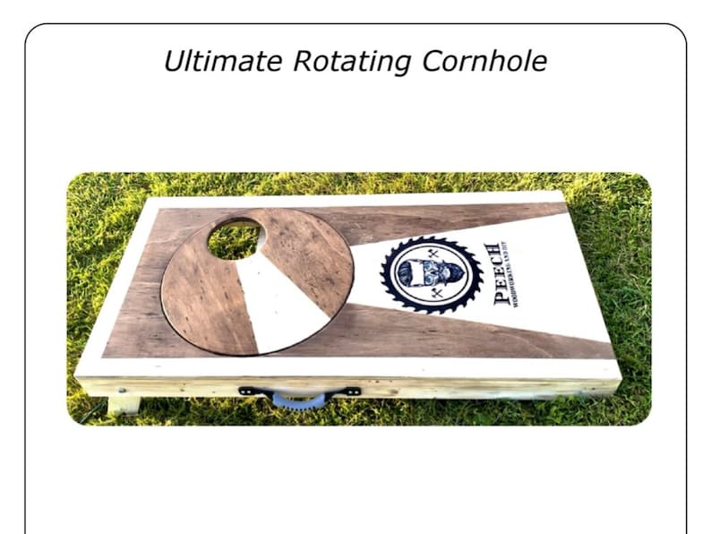 May include: A wooden rotating cornhole game with a white and brown target and a black and white logo that says "Peech Woodworking Co."