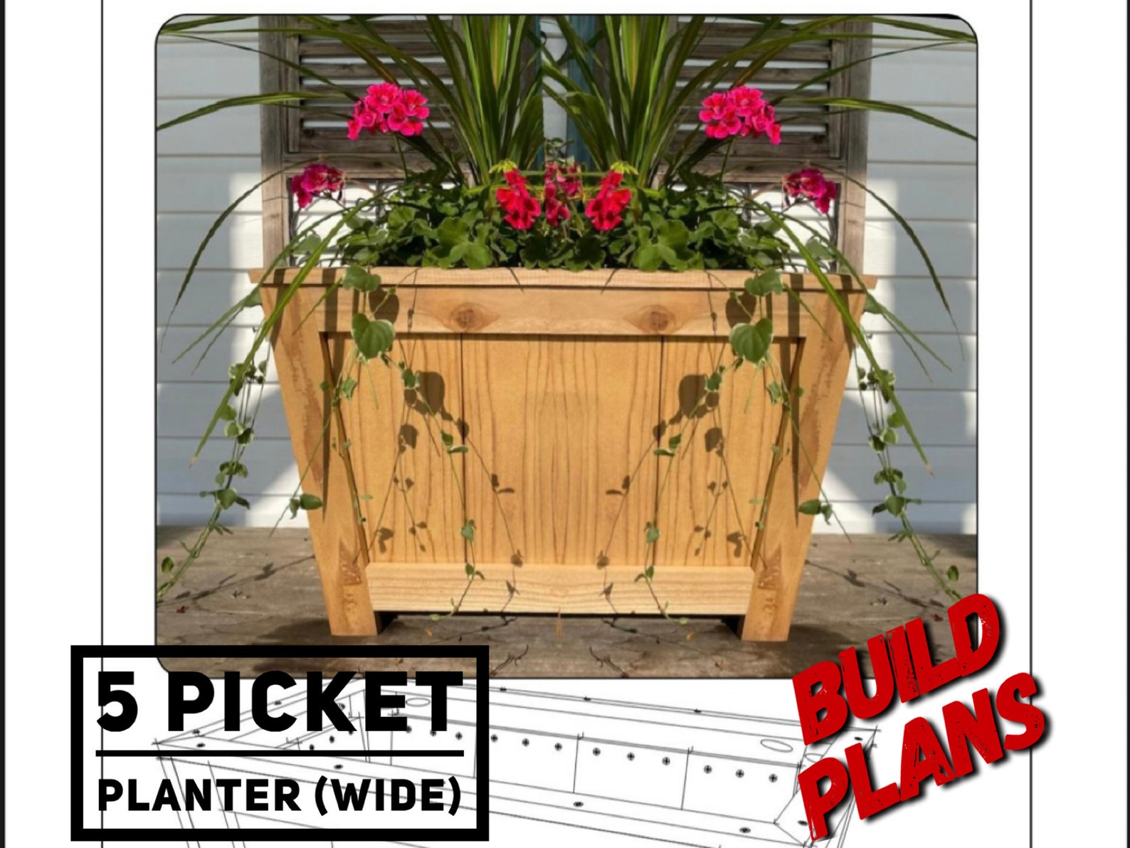Wide 5 Picket Planter Plans, Fence Picket Planter Plans, Garden Planter