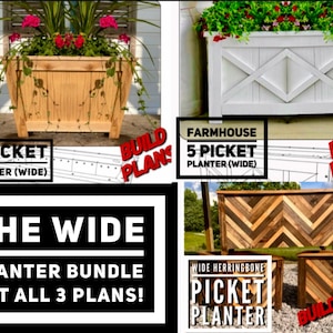 The Wide Planter 3 Pack! Wide Farmhouse, 5 Picket, Herringbone Planter Plans, Garden Planter Plans, Flower Box Plans, Box Planter Plan