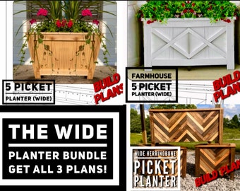 The Wide Planter 3 Pack! Wide Farmhouse, 5 Picket, Herringbone Planter Plans, Garden Planter Plans, Flower Box Plans, Box Planter Plan