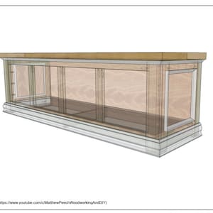 May include: A 3D rendering of a wooden cabinet with glass doors and shelves. The cabinet is made of light wood and has a white base. The cabinet is shown in an X-ray view, so the interior is visible.