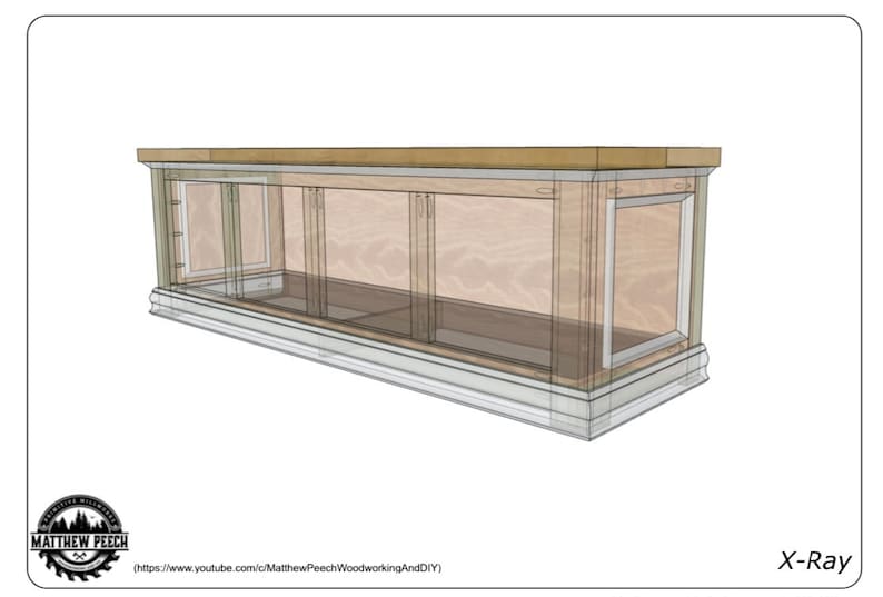 May include: A 3D rendering of a wooden cabinet with glass doors and shelves. The cabinet is made of light wood and has a white base. The cabinet is shown in an X-ray view, so the interior is visible.