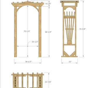 May include: Diagram of a wooden arbor with dimensions. The arbor is 70-1/4 inches tall, 36-1/2 inches wide, and 29-1/2 inches between the posts. The overall height is 76-3/8 inches. The top section is 8-1/8 inches. A side view shows a structure 68-1/4 inches tall and 22 inches wide. A bottom view shows a structure 44 inches wide and 24-7/8 inches tall.