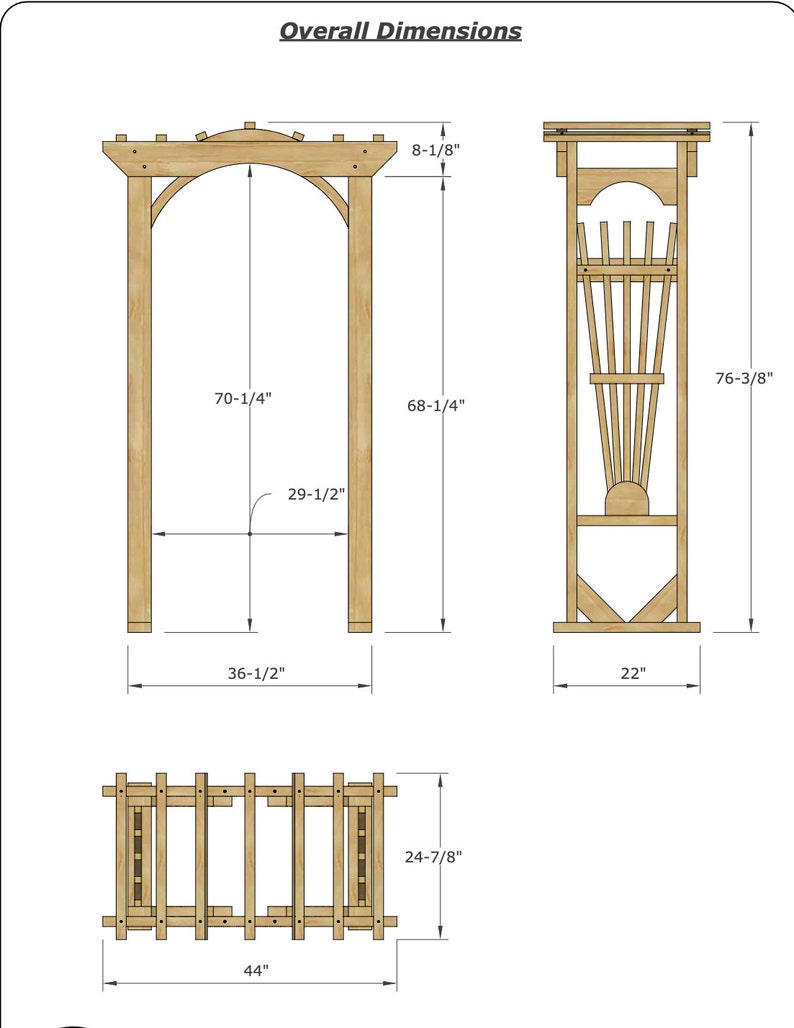 May include: Diagram of a wooden arbor with dimensions. The arbor is 70-1/4 inches tall, 36-1/2 inches wide, and 29-1/2 inches between the posts. The overall height is 76-3/8 inches. The top section is 8-1/8 inches. A side view shows a structure 68-1/4 inches tall and 22 inches wide. A bottom view shows a structure 44 inches wide and 24-7/8 inches tall.