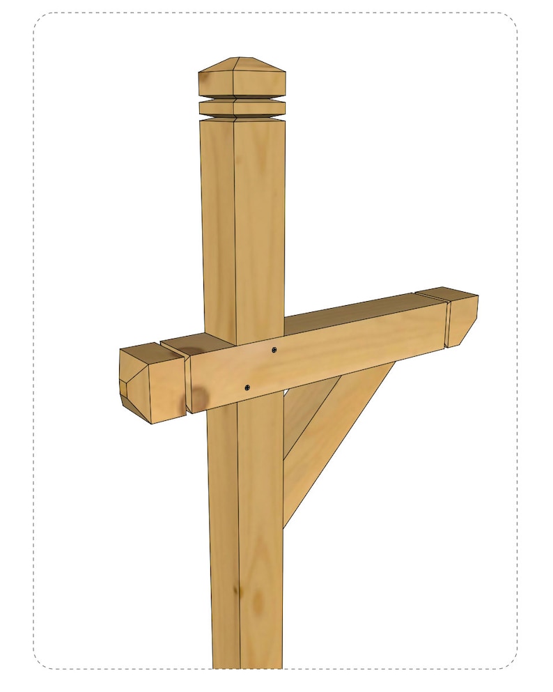 May include: A wooden mailbox post with a decorative top and a cross brace. The post is made of natural wood and has a light brown color.