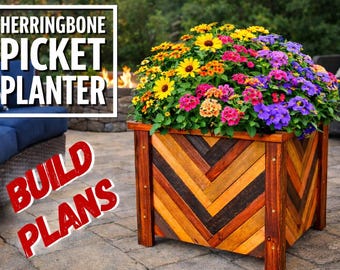 Herringbone Picket Planter Plans, Fence Picket Planter Plans, Garden Planter Plans, Flower Box Plans, Garden Plans, DIY Flower Box, Flowers