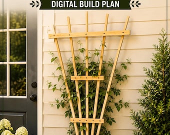 May include: A light-colored wooden fan trellis with a vertical slat design, featuring the text FAN TRELLIS DIGITAL BUILD PLAN at the top. The structure is composed of five radiating wooden slats secured by two horizontal crossbars.