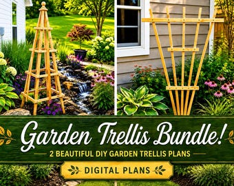 May include: A digital bundle of two garden trellis plans featuring a wooden obelisk trellis and a wooden fan-shaped trellis. The image includes the text Garden Trellis Bundle! 2 BEAUTIFUL DIY GARDEN TRELLIS PLANS DIGITAL PLANS on a green background.
