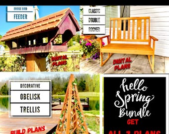 Hello Spring Bundle, Rocker Decorative Obelisk & Covered Bridge Bird Feeder Digital Plan Bundle