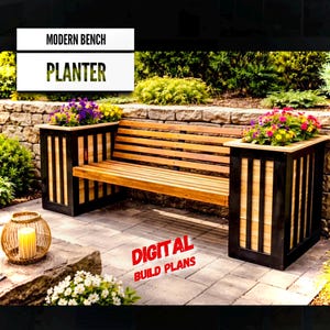 Può includere: Una panca in legno con fioriere integrate. La panca ha una seduta e uno schienale a doghe, con fioriere in legno nero e naturale su entrambi i lati, piene di fiori colorati. Il testo recita "MODERN BENCH PLANTER" e "DIGITAL BUILD PLANS".