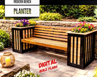 Modern Planter Bench Digital Plans, Bench with 2 Planters Digital Plans