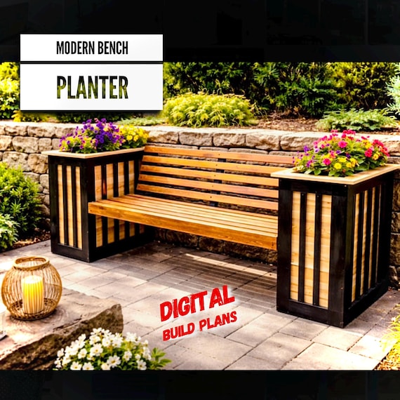 Moderne Planter Bank Digitale Pläne, Sitzbank mit 2 Pflanzgefäßen Digitale Pläne