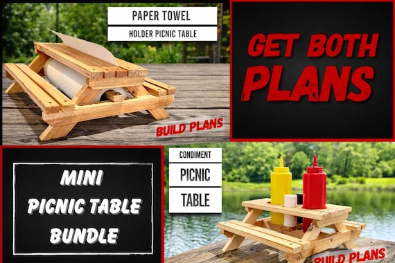 Picnic Table Condiment Holder and Paper Towel Holder Plan Bundle, Mini picnic table plans bundle, Picnic table plans bundle