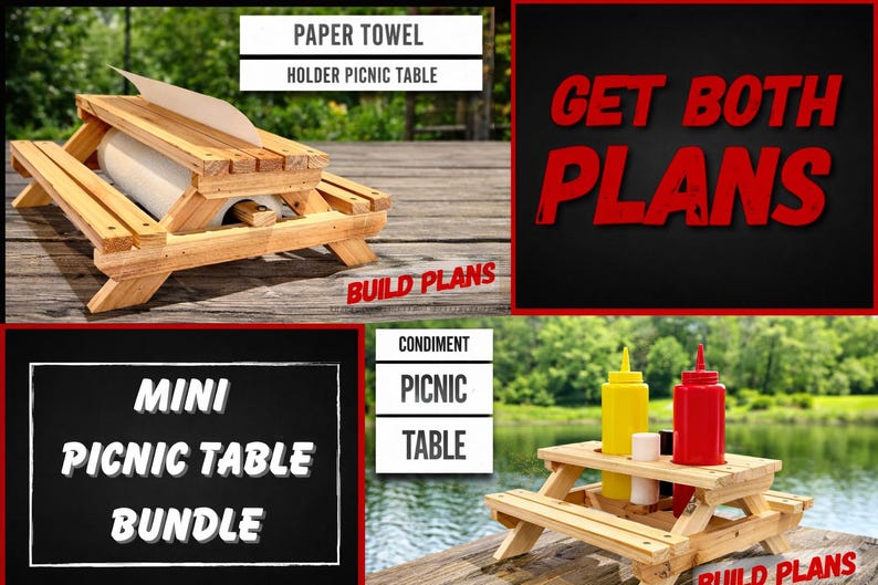 Picnic Table Condiment Holder and Paper Towel Holder Plan Bundle, Mini picnic table plans bundle, Picnic table plans bundle image 1