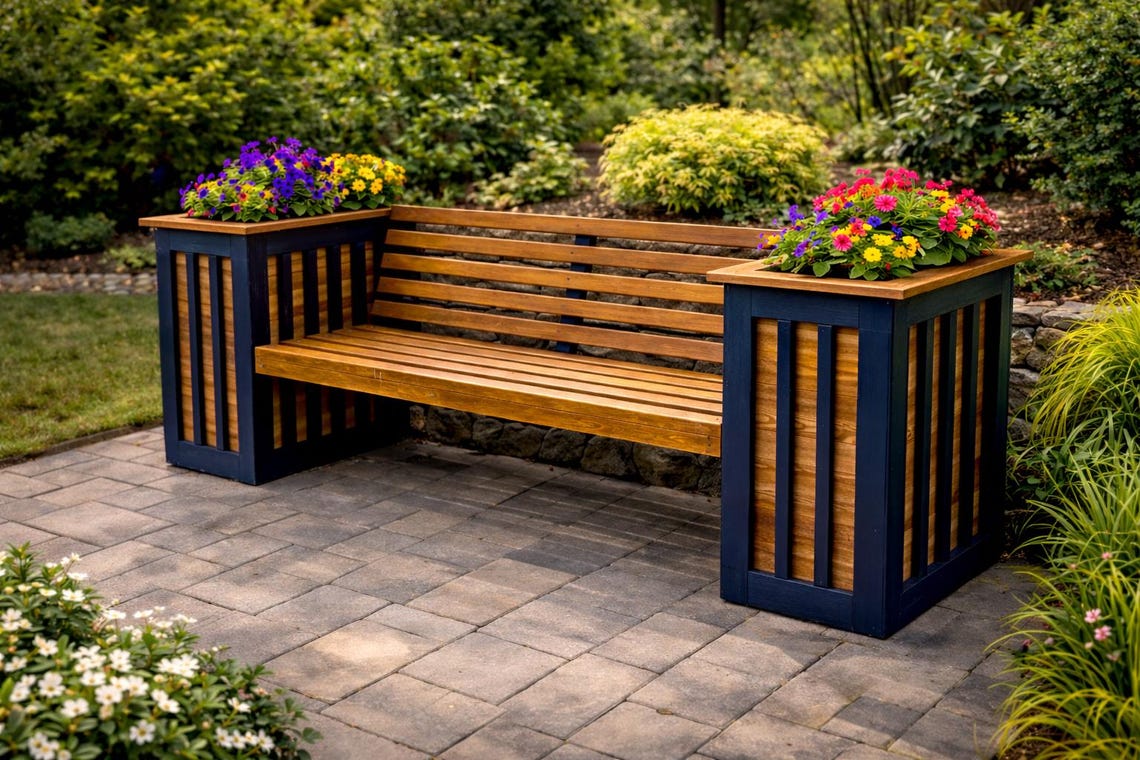 Modern Planter Bench Digital Plans, Bench With 2 Planters Digital Plans ...