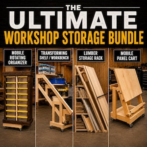 Puede incluir: Un conjunto de almacenamiento para taller con cuatro unidades: un organizador giratorio móvil con contenedores amarillos, un banco de trabajo transformable, un estante para madera y un carro móvil para paneles. El texto dice THE ULTIMATE WORKSHOP STORAGE BUNDLE.