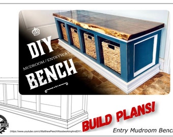 May include: DIY Mudroom/Entryway Bench build plans. A wooden bench with a live edge top, blue painted sides, and three woven baskets. The bench is on a tiled floor.