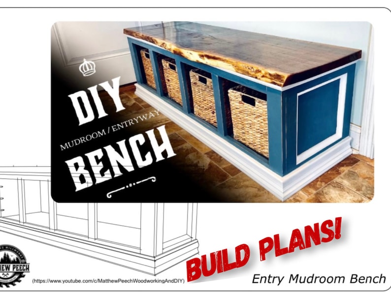 May include: DIY Mudroom/Entryway Bench build plans. A wooden bench with a live edge top, blue painted sides, and three woven baskets. The bench is on a tiled floor.