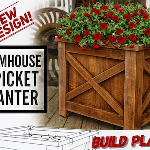 Farmhouse Three Picket Box Planter Plans, Fence Picket Planter Plans, Garden Planter Plans, Flower Box Plans, DIY Flower Box, Flower Box