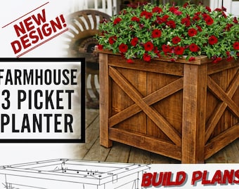 Farmhouse Three Picket Box Planter Plans, Fence Picket Planter Plans, Garden Planter Plans, Flower Box Plans, DIY Flower Box, Flower Box