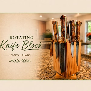 May include: A wooden rotating knife block containing several knives with patterned handles. The text on the left side reads ROTATING Knife Block DIGITAL PLANS. The block is constructed from light-colored wood with visible grain patterns and a square base.