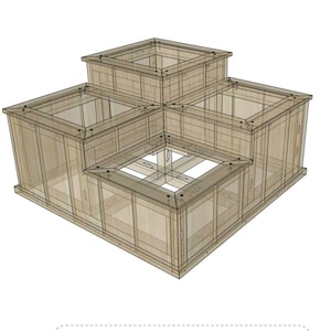 May include: A wooden planter with four square compartments, stacked in a tiered design. The planter is made of light brown wood and has a natural finish.