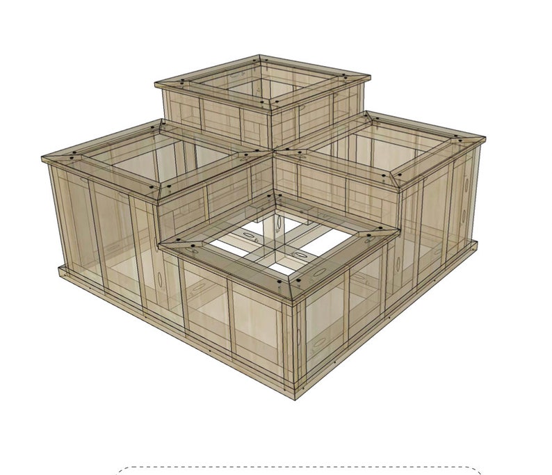 May include: A wooden planter with four square compartments, stacked in a tiered design. The planter is made of light brown wood and has a natural finish.