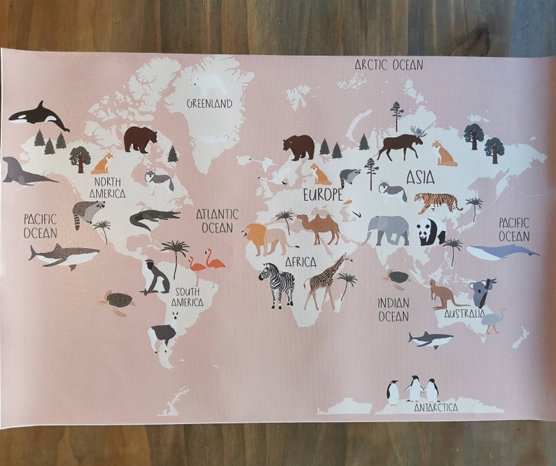 MAP NURSERY DECOR Animal World Map Poster Kids Playroom Etsy