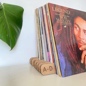 May include: A wooden record holder labelled "A-D" supporting a collection of vinyl records. The album cover of "Legend: The Best of Bob Marley and the Wailers" is visible. A large green leaf is in the background.