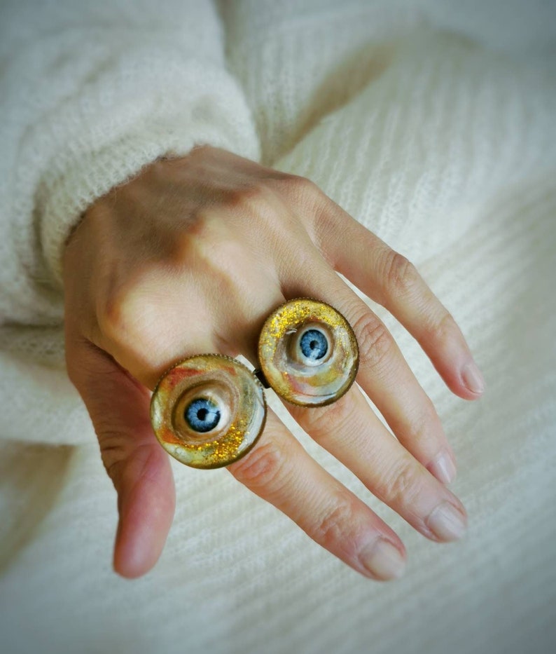 Handmade Recycled Doll Eye Ring, Handpainted Resin Talisman image 2