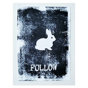 Follow the White Rabbit-afbeelding, linokaart, Alice in Wonderland linosnede, handgedrukte ansichtkaarten, A6