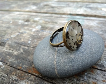 Steampunk Watch Part Ring, Upcycled Resin Jewelry, Adjustable