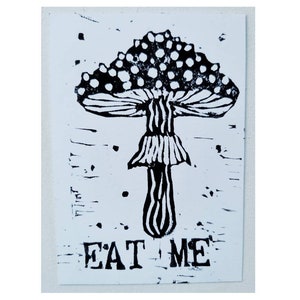 Gráfico de cogumelo Amanita, Lino Print Card, Fungi Linocut, cartões postais impressos à mão, A6