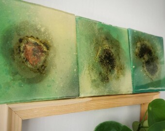 Green Painting, Mixed media on Canvas "Germination" 4x 15x15cm, Contemporary Conceptual art, own technique, resin on canvas, nature-inspired