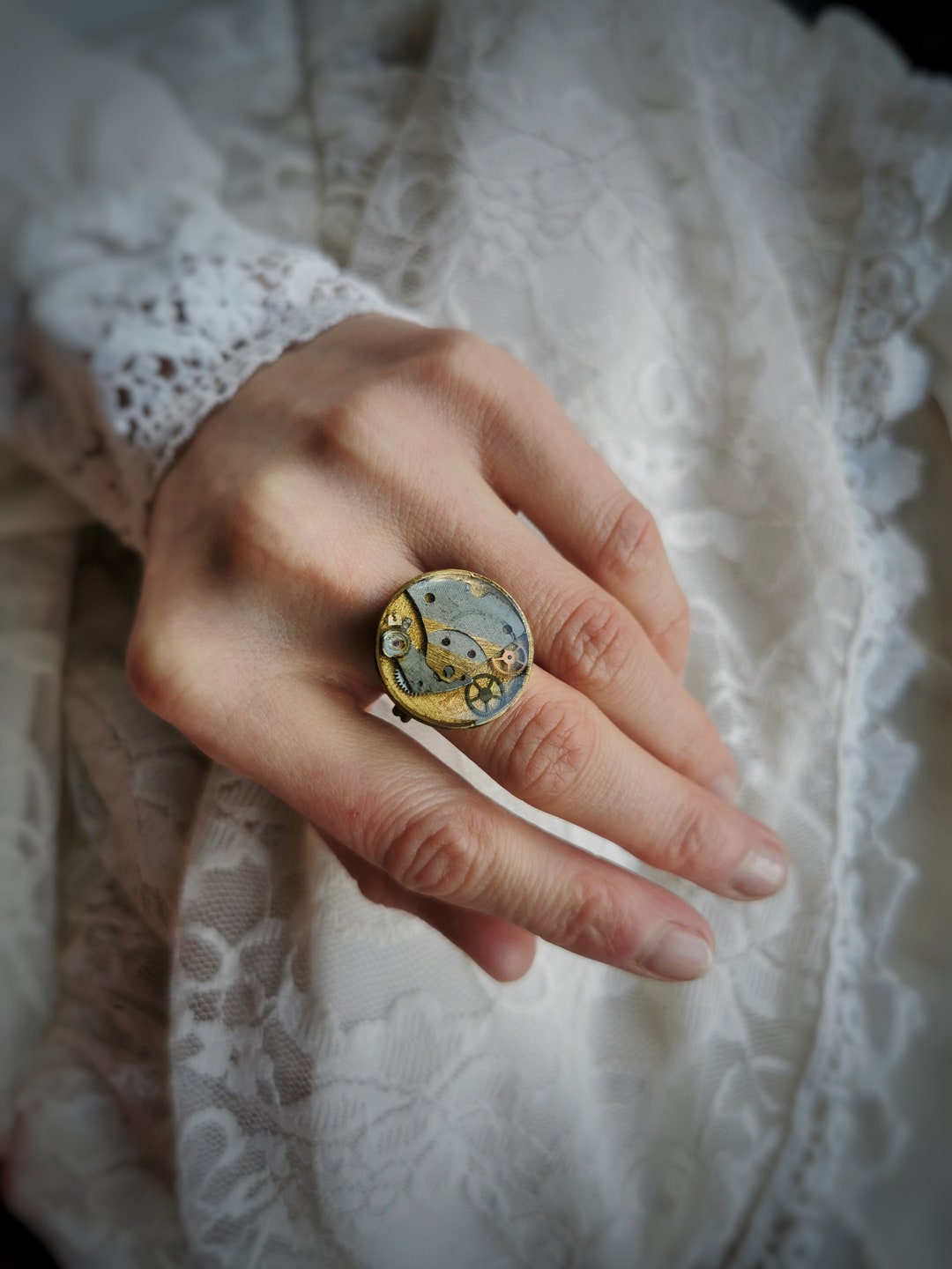 Steampunk Upcycled Ring, Recycled Watches Jewellery, Gold Handpainted ...