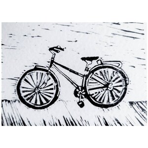 Cartão de impressão Lino, linogravura de bicicleta, cartões postais impressos à mão, A6