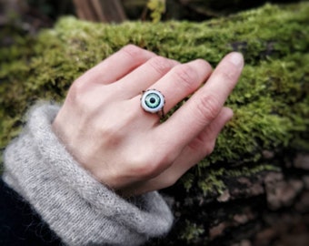 Green Eye Ring, Doll eye ring, Protective Talisman, Evil Eye, Boho Ring, Bohemian Jewellery, Recycled Jewellery