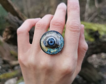 Handpainted Ring, Evil Eye Recycled Doll Eye, Resin Jewelry, Protective talisman, Gift for her, Boho Ring, Bohemian Jewelry