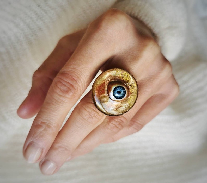 Handmade Recycled Doll Eye Ring, Handpainted Resin Talisman image 1