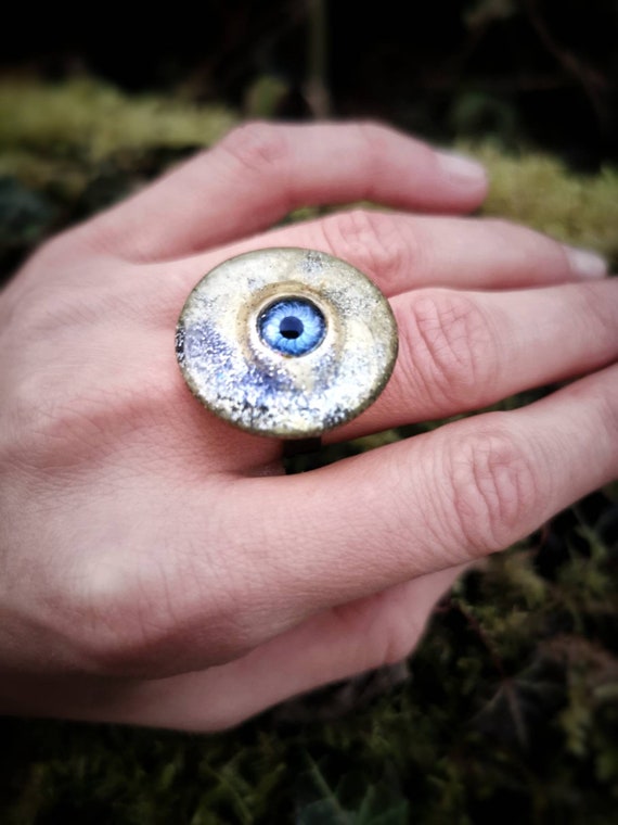 Handpainted Evil Eye Ring, Recycled Doll Eye, Boho Talisman