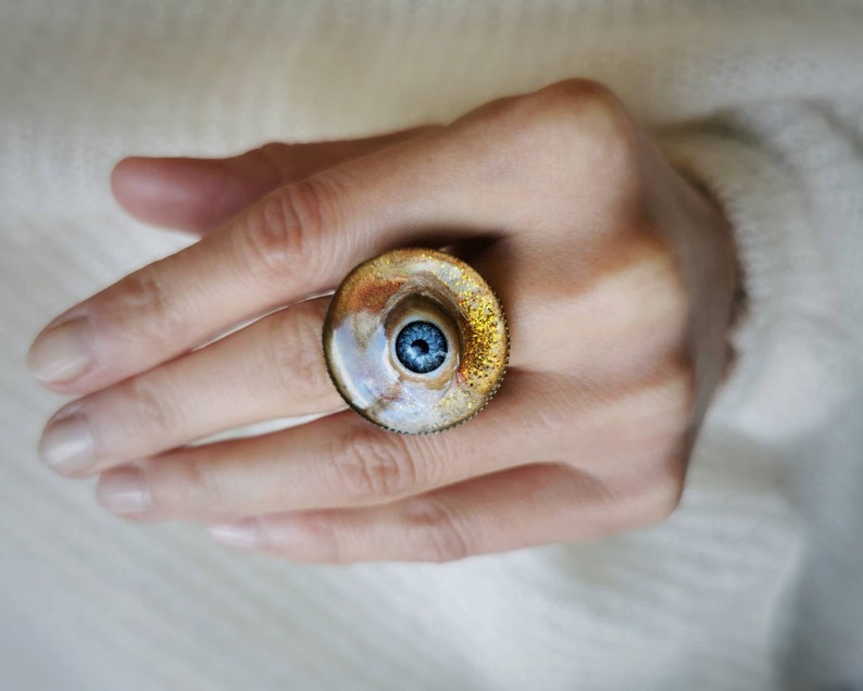 Handmade Recycled Doll Eye Ring, Handpainted Resin Talisman image 7