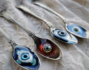 Vintage Spoon Resin, Handpainted Decorative Object, Evil eye, Mixed media Talisman Spoon, Recycled Spoon with an Eyeball, Recycled Doll Eye