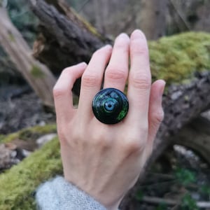 以下が含まれることがあります： 渦巻き模様と中央に青い目を持つ、濃い緑と黒のリングです。