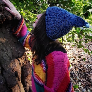 May include: A person wearing a blue knitted hat with a bell on the end of the point, and a multi-coloured striped sweater.