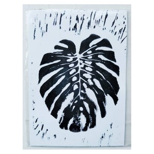 Gráfico de folha Monstera, cartão de impressão Lino, Monstera Linocut, cartões postais impressos à mão, A6